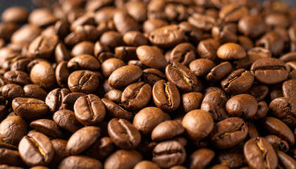 Naklejka premium Close-up of a large pile of freshly roasted coffee beans, highlighting their rich brown color, glossy texture, and aromatic appeal.