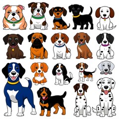 Obraz premium Diverse group of cartoon dogs in various poses and breeds on white background puppy canine