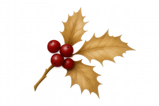 Golden holly leaves with bright red berries creating a festive winter holiday or christmas decoration, transparent background - Powered by Adobe