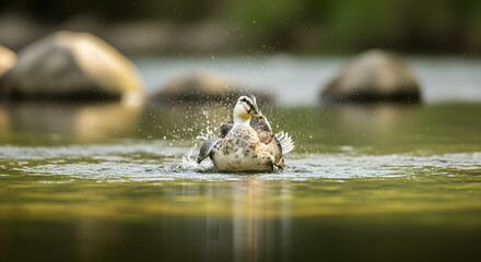Fototapeta premium Duck bathing gracefully in a pond creating splashes and reflections of nature beauty