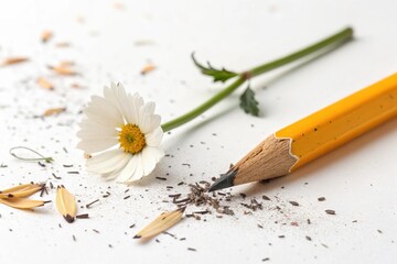 Broken yellow pencil with daisy flower on white background concept of effort