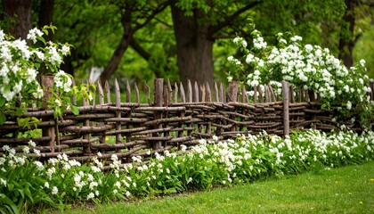 Lush garden with a rustic wooden fence