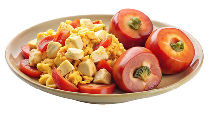 A delicious and healthy scrambled egg dish with fresh tomatoes and sliced peaches isolated on transparent background