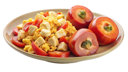 A delicious and healthy scrambled egg dish with fresh tomatoes and sliced peaches isolated on transparent background