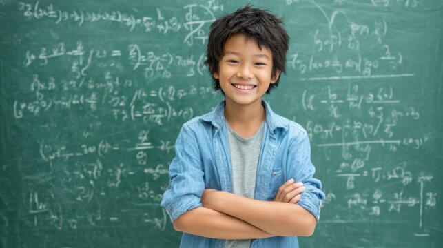 A cheerful young boy stands proudly with crossed arms in a classroom filled with math equations on the green chalkboard. His bright smile shows enthusiasm for learning and education.