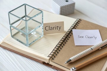 Glass cube and notebook concept symbolizing mental clarity and clear focus