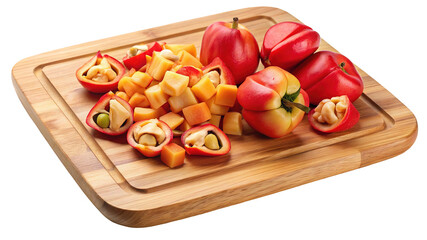 Freshly chopped red bell peppers and whole peppers on a wooden cutting board isolated on transparent background