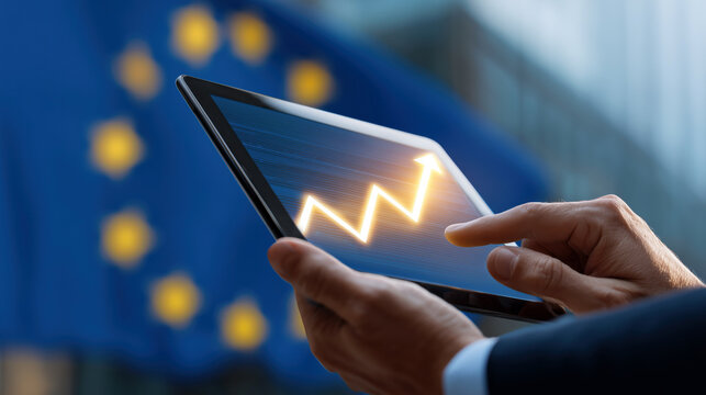 Close-up of hands using tablet with financial growth chart in front of European Union flag, symbolizing EU economy growth - Powered by Adobe