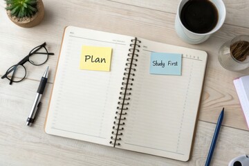Open notebook on wooden desk with study plan and coffee