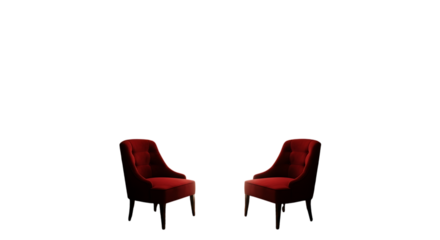 Two plush red velvet theater seats facing forward on a stark white background isolated on white background