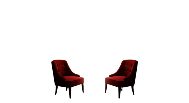 Two plush red velvet theater seats facing forward on a stark white background isolated on white background