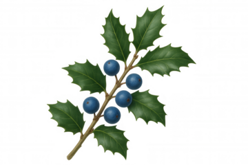 Holly branch with blue berries on a transparent background, depicting a winter or christmas botanical illustration