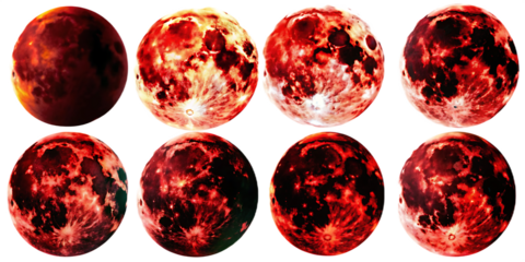 various phases of a red moon in artistic isolated on white background, png, ai generated