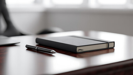 Photo of a closed black notebook and a pen sit on a polished wooden desk in a modern office