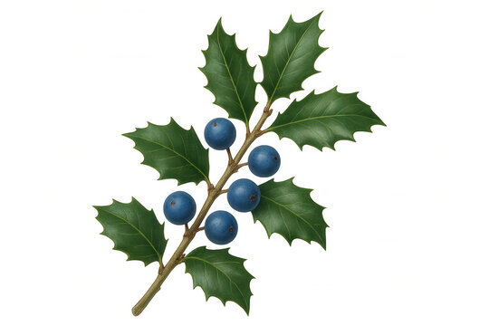 Holly branch with blue berries on a transparent background, depicting a winter or christmas botanical illustration