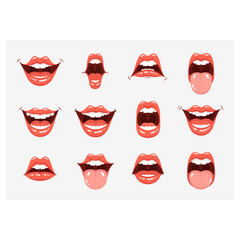 Collection of various cartoon lips expressions on white background.