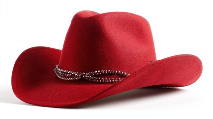 This bold red cowboy hat features a wide brim and a stylish decorative band. It highlights western fashion suitable for country events and outdoor activities.