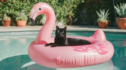 A black cat relaxes comfortably on a pink flamingo float in the clear water of a backyard pool surrounded by lush greenery on a sunny day.