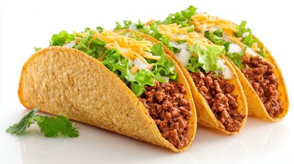 Three soft tacos are filled with seasoned ground beef topped with crisp lettuce and sprinkled with shredded cheese. The vibrant colors and textures highlight a tasty meal option.