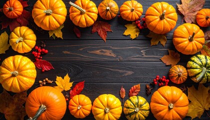 Creative autumn Halloween layout with various leaves and pumkins on dark wooden backgound