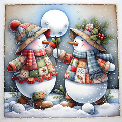 Funny patchwork snowman, cute playful winter watercolor illustration