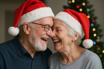 Joyful elderly couple wearing Santa hats laughing together in front of a decorated Christmas tree during holiday season celebration indoors. Ai generative