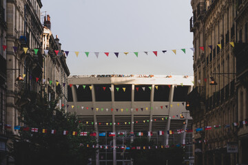 colorful flags hanging in front of stadium
