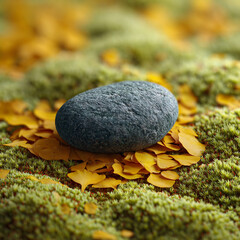 Smooth black stone resting on vibrant yellow leaves among green moss in a serene forest setting during autumn