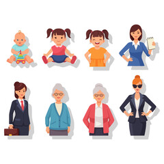 Human life stages from infancy to old age, female.