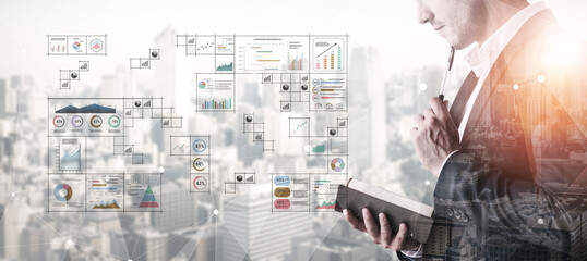 A big data visualization and business analytics dashboard grid. A complex collection of charts and graphs for comprehensive company reporting. Motif