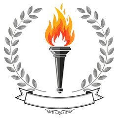 Olympic Torch Flame Emblem with Laurel Wreath and Ribbon.