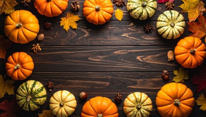 Creative autumn Halloween layout with various leaves and pumkins on dark wooden backgound