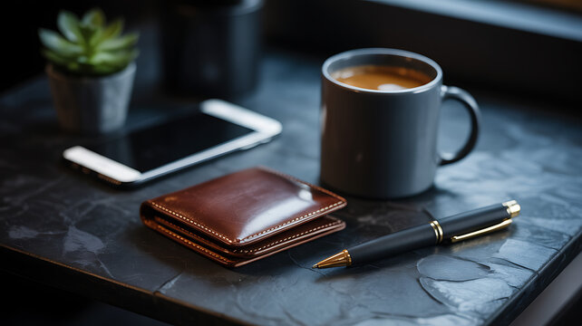 Photo of a brown leather wallet and a gold pen are arranged on a dark stone surface with a coffee mug and succulent