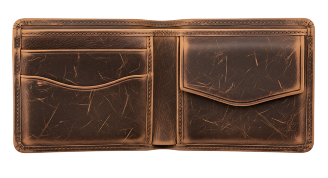 A vintage brown leather bi fold wallet with multiple card slots and a coin pocket isolated on white background