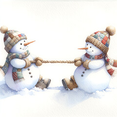 Funny patchwork snowmen tug of war, cute playful winter watercolor isolated on white illustration