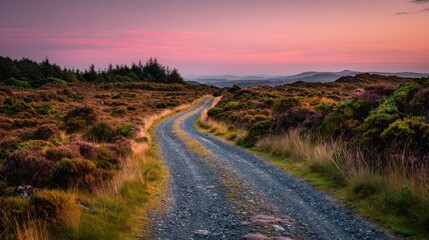 A winding gravel road cuts through vibrant heather fields as the sun sets. The soft pink and orange hues paint the sky enhancing the calm atmosphere of the landscape.