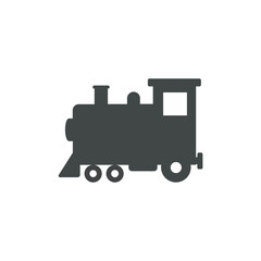Dark gray silhouette icon of a classic toy train engine, representing travel, transportation, childhood, and recreation in a simple, solid vector design.