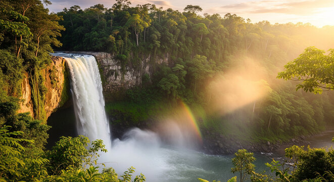 "A majestic waterfall cascading down a rocky cliff surrounded by lush green jungle, mist rising in the air, golden hour sunlight, - Powered by Adobe