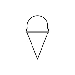 Simple outline icon of a single scoop of ice cream in a crisp waffle cone, symbolizing summer, dessert, sweet treat, and refreshment in a minimalist vector design.