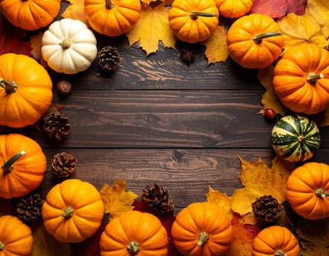 Creative autumn Halloween layout with various leaves and pumkins on dark wooden backgound