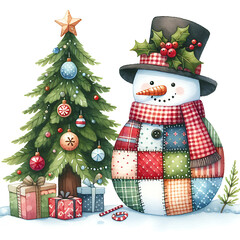 Funny patchwork snowman with Christmas tree, cute playful winter watercolor illustration isolated on white