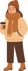 An illustration of a woman dressed in cozy autumn attire, wearing a brown beanie, scarf, and boots, holding a takeaway coffee cup with a warm smile.