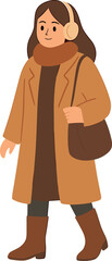 An illustration of a woman in autumn attire, wearing a long brown coat, scarf, boots, and earmuffs, carrying a shoulder bag while walking with a calm expression.