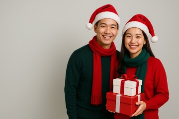 Smiling couple in Santa hats holding Christmas gifts wearing red and green outfits on plain background celebrating xmas and new year together joyfully. Ai generative