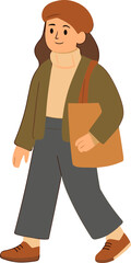An illustration of a woman in autumn fashion, wearing a beret, turtleneck sweater, wide-leg pants, and jacket, carrying a tote bag and walking in casual style.