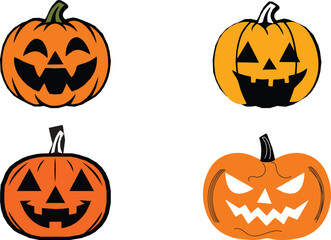 Halloween Pumpkin Face Vector Set with Carved Jack O Lantern Icons for Spooky Holiday and Party Decorations