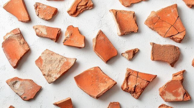 Raw terracotta clay fragments scattered on white surface creating natural organic texture pattern perfect for seamless web design backgrounds with rustic earth tones