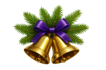 Golden christmas bells hanging among fir branches with purple bow, festive holiday decoration