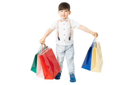 Little boy with shopping bags front view