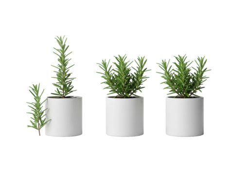 Three small, vibrant green rosemary plants in minimalist matte white ceramic pots, with a fresh sprig, arranged linearly against a seamless transparent background, shadowless, high-key studio look.
